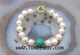 CFB1077 Hand-knotted 9mm - 10mm potato white freshwater pearl & grass agate bracelet