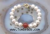 CFB1078 Hand-knotted 9mm - 10mm potato white freshwater pearl & red agate bracelet