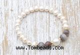 CFB607 6-7mm potato white freshwater pearl & Botswana agate stretchy bracelet