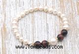 CFB619 6-7mm potato white freshwater pearl & red tiger eye stretchy bracelet