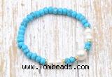 CFB705 faceted rondelle turquoise & potato white freshwater pearl stretchy bracelet