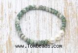 CFB716 faceted rondelle Qinghai jade & potato white freshwater pearl stretchy bracelet