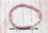 CFB728 faceted rondelle pink wooden jasper & potato white freshwater pearl stretchy bracelet