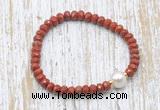 CFB730 faceted rondelle red jasper & potato white freshwater pearl stretchy bracelet