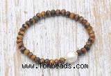 CFB766 faceted rondelle yellow tiger eye & potato white freshwater pearl stretchy bracelet