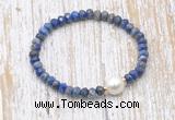 CFB772 faceted rondelle lapis lazuli & potato white freshwater pearl stretchy bracelet