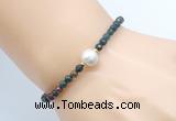 CFB837 4mm faceted round Indian bloodstone & potato white freshwater pearl bracelet