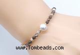 CFB839 4mm faceted round brown zebra jasper & potato white freshwater pearl bracelet