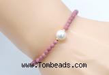 CFB842 4mm faceted round pink wooden jasper & potato white freshwater pearl bracelet