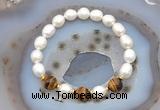 CFB915 9mm - 10mm rice white freshwater pearl & yellow tiger eye stretchy bracelet
