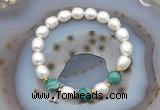 CFB922 9mm - 10mm rice white freshwater pearl & green banded agate stretchy bracelet