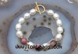 CFB929 Hand-knotted 9mm - 10mm rice white freshwater pearl & rhodonite bracelet