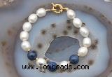 CFB931 Hand-knotted 9mm - 10mm rice white freshwater pearl & dumortierite bracelet