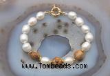 CFB950 Hand-knotted 9mm - 10mm rice white freshwater pearl & picture jasper bracelet