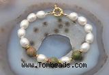 CFB953 Hand-knotted 9mm - 10mm rice white freshwater pearl & unakite bracelet