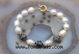 CFB956 Hand-knotted 9mm - 10mm rice white freshwater pearl & snowflake obsidian bracelet