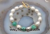 CFB962 Hand-knotted 9mm - 10mm rice white freshwater pearl & peafowl agate bracelet