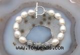 CFB969 Hand-knotted 9mm - 10mm rice white freshwater pearl & grey picture jasper bracelet