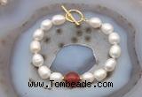 CFB974 Hand-knotted 9mm - 10mm rice white freshwater pearl & red agate bracelet