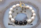 CFB976 Hand-knotted 9mm - 10mm rice white freshwater pearl & black obsidian bracelet