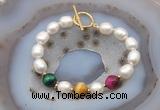 CFB982 Hand-knotted 9mm - 10mm rice white freshwater pearl & colorful tiger eye bracelet