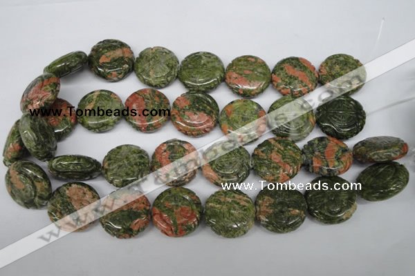 CFG251 15.5 inches 25mm carved coin unakite gemstone beads