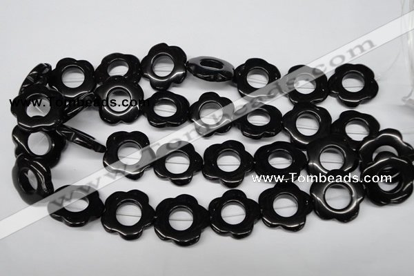 CFG260 15.5 inches 25mm carved flower black agate gemstone beads