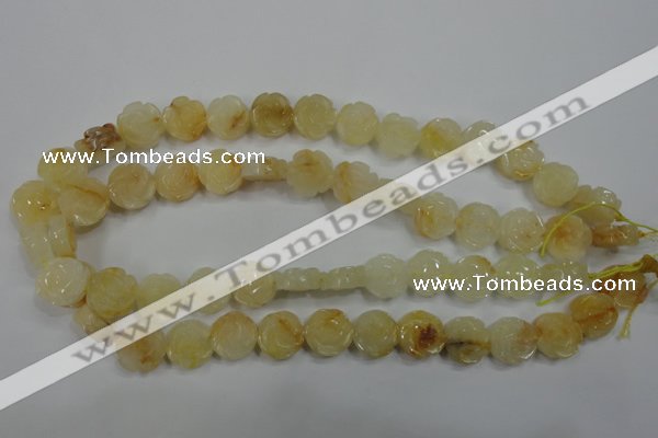 CFG882 15.5 inches 14mm carved flower yellow jade gemstone beads