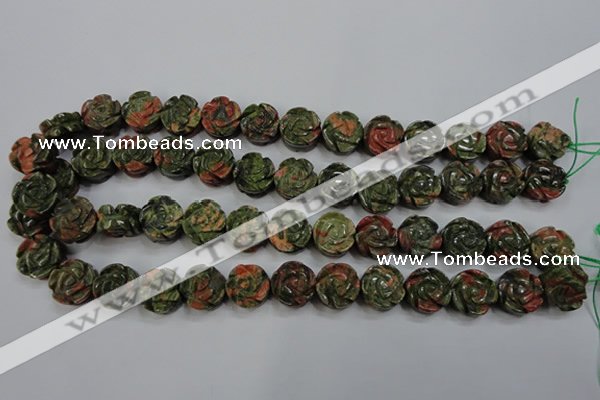 CFG891 15.5 inches 14mm carved flower unakite gemstone beads