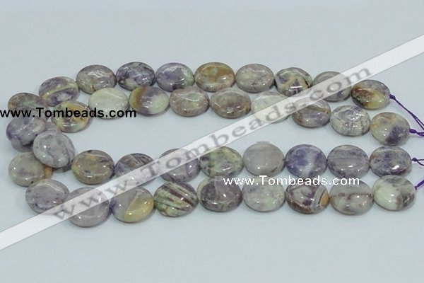 CFJ01 15.5 inches 20mm flat round natural purple flower stone beads