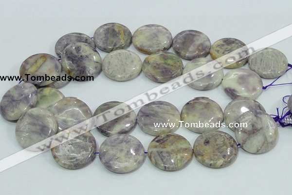 CFJ03 15.5 inches 30mm flat round natural purple flower stone beads