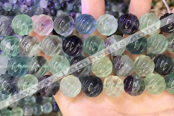 CLF1170 15.5 inches 14mm carved round fluorite gemstone beads