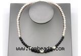 CFN121 potato white freshwater pearl & black lava necklace, 16 - 24 inches