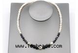 CFN127 potato white freshwater pearl & black banded agate necklace, 16 - 24 inches