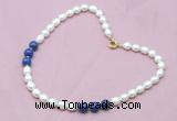 CFN305 Rice white freshwater pearl & lapis lazuli necklace, 16 - 24 inches
