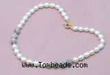 CFN306 Rice white freshwater pearl & grey banded agate necklace, 16 - 24 inches
