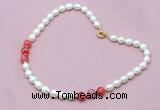 CFN308 Rice white freshwater pearl & red banded agate necklace, 16 - 24 inches