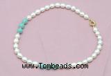 CFN314 9 - 10mm rice white freshwater pearl & amazonite necklace wholesale