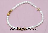 CFN319 9 - 10mm rice white freshwater pearl & golden tiger eye necklace wholesale