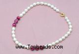 CFN320 9 - 10mm rice white freshwater pearl & red tiger eye necklace wholesale