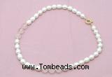 CFN322 9 - 10mm rice white freshwater pearl & rose quartz necklace wholesale