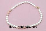 CFN324 9 - 10mm rice white freshwater pearl & pink opal necklace wholesale