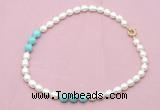 CFN326 9 - 10mm rice white freshwater pearl & blue howlite necklace wholesale