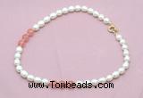 CFN334 9 - 10mm rice white freshwater pearl & cherry quartz necklace wholesale