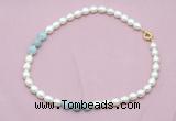 CFN335 9 - 10mm rice white freshwater pearl & aquamarine necklace wholesale