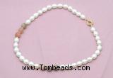 CFN337 9 - 10mm rice white freshwater pearl & rainbow moonstone necklace wholesale