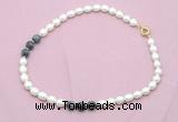 CFN341 9 - 10mm rice white freshwater pearl & eagle eye jasper necklace wholesale
