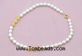 CFN342 9 - 10mm rice white freshwater pearl & honey jade necklace wholesale