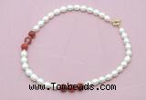 CFN344 9 - 10mm rice white freshwater pearl & red banded agate necklace wholesale