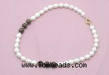 CFN346 9 - 10mm rice white freshwater pearl & bronzite necklace wholesale